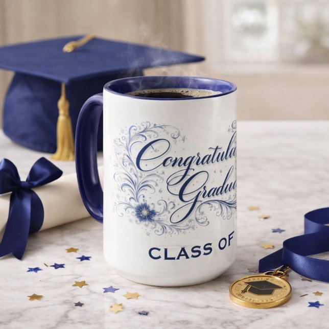 Caneca Blue Floral Graduation Script with Custom Year (Criador carregado)