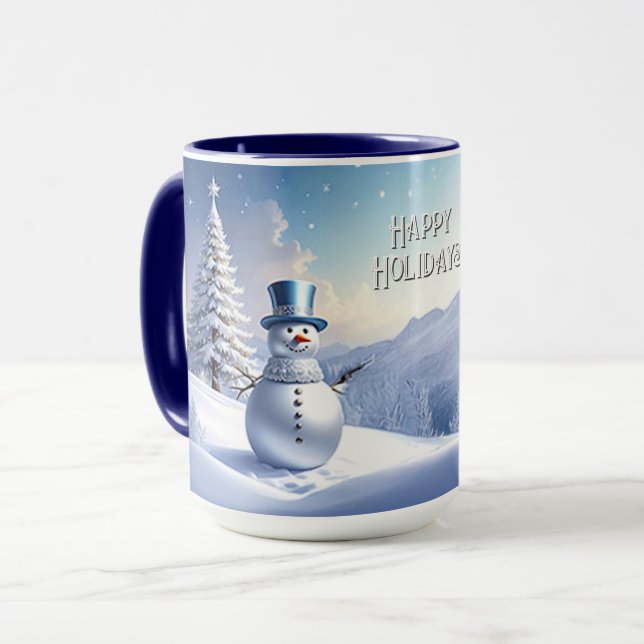 Caneca Blue Hat Snowman Christmas Tree Holiday Mug (Frente Esquerda)