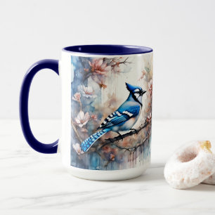 Caneca Blue Jay Cherry Blossoms aquarela