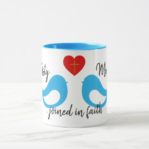Caneca Blue Love Birds Heart with Cross and Names Wedding
