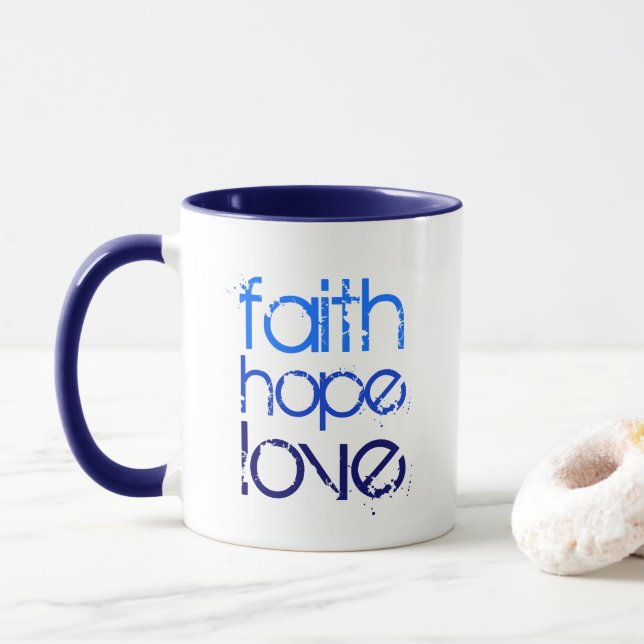 Caneca Blue Ombre afligido Font Faith Hope and Love (Com Donut)