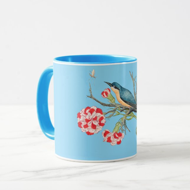 Caneca Bluebird em cravos, ilustração de safra, (Frente Esquerda)