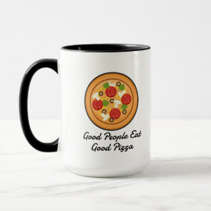 Caneca boas pessoas engraçadas comem boa pizza dizendo a