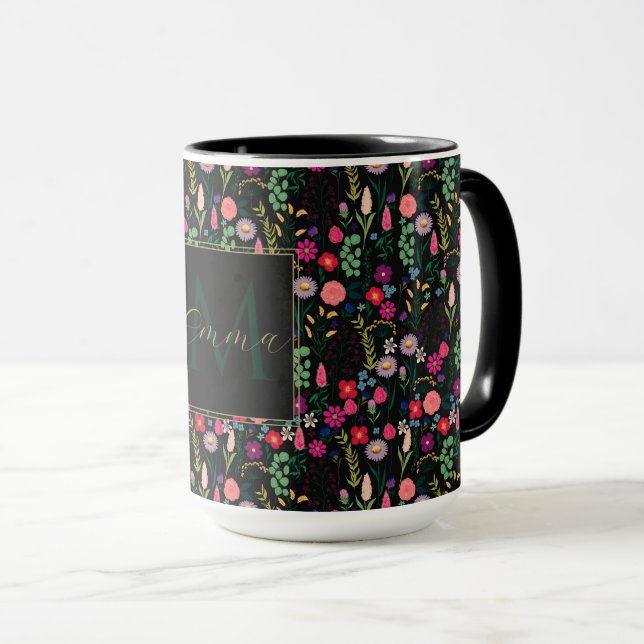 Caneca Boho Botânico Flores de Aquarela Pretas (Frente Esquerda)