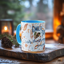 Caneca Boho chic floral lua com folhas de cobre e azul