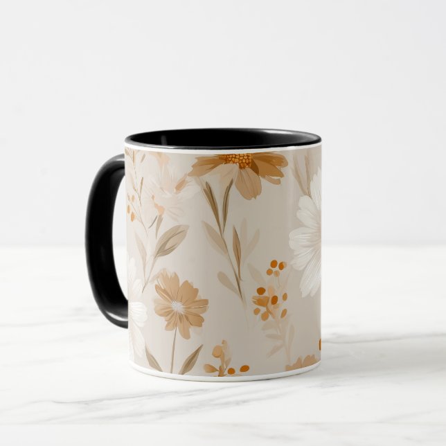 Caneca Boho Earth Tone Daisy Tan Floral Pattern (Frente Esquerda)