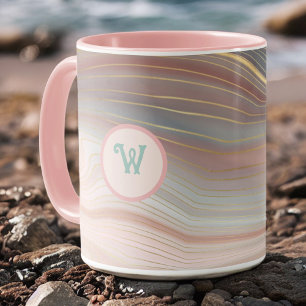 Caneca Boho Peachy Pink e Aqua Dourada Strata com Inicial