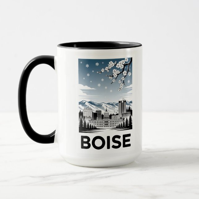 Caneca Boise Skyline Black and White Woodcut Winter  (Esquerda)