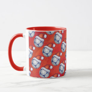Caneca Bola de Futebol Festivo Azul e Branco, em Vermelho