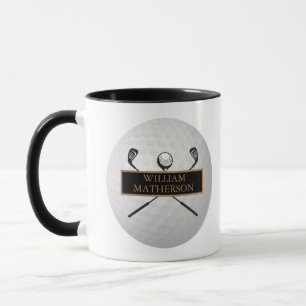 Caneca Bola de Golfe Clássica Preta e Dourada Personaliza