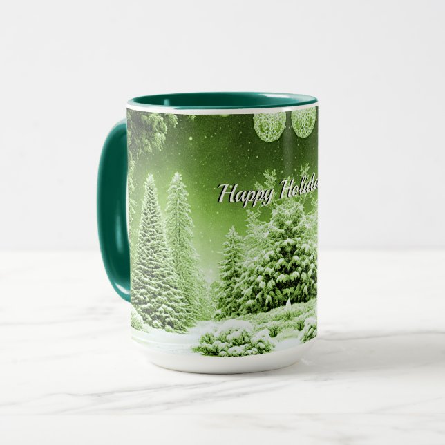 Caneca Bolas de Natal das Árvores Verdes (Frente Esquerda)