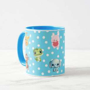 Caneca Bolinhas azul com caracteres Kawaii