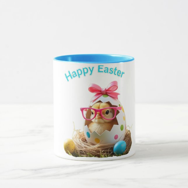 Caneca Bolinhas Pintinho de ovos com Felz pascoa de óculo (Centro)