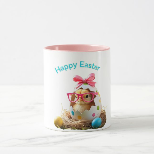 Caneca Bolinhas Pintinho de ovos com Felz pascoa de óculo (Centro)