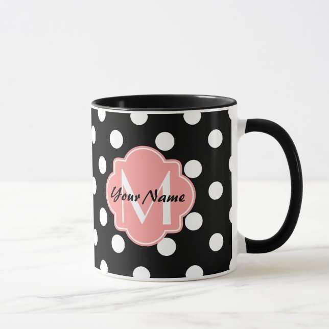 Caneca Bolinhas Pretas e Brancas com Monograma Rosa (Direita)