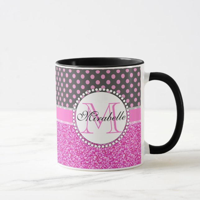 Caneca Bolinhas Rosa Brilhantes e Rosa nas cinzas Nomeada (Direita)