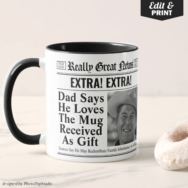 Caneca Bolsa de jornal editável para Pai, ideias de ofert (Editable Newspaper Mug for Dad, Funny Dad Gift, Personalized Fathers Day Gift)