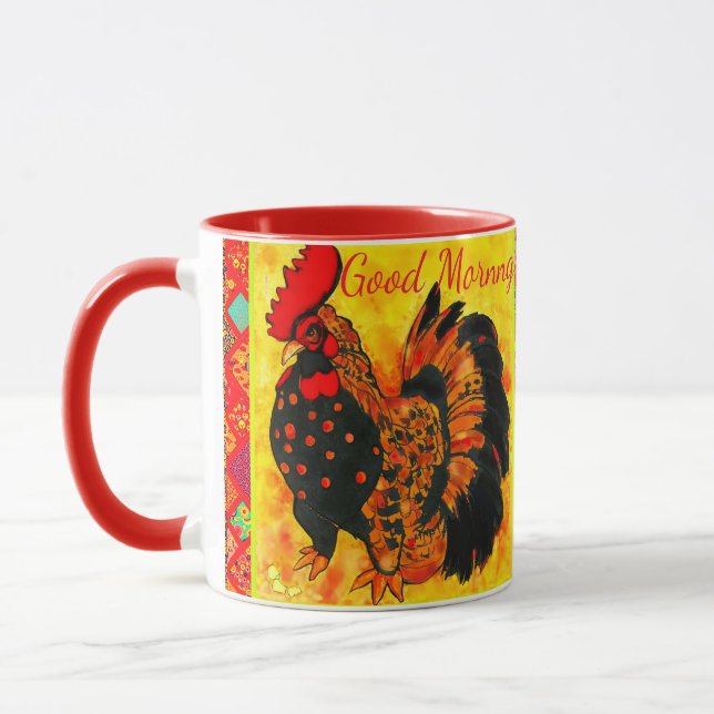 Caneca  Bom Dia Galo Desenho Laranja Vermelho  (Esquerda)