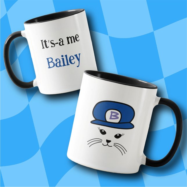 Caneca Boné Azul Personalizável Pequeno Gato de Gato (Criador carregado)