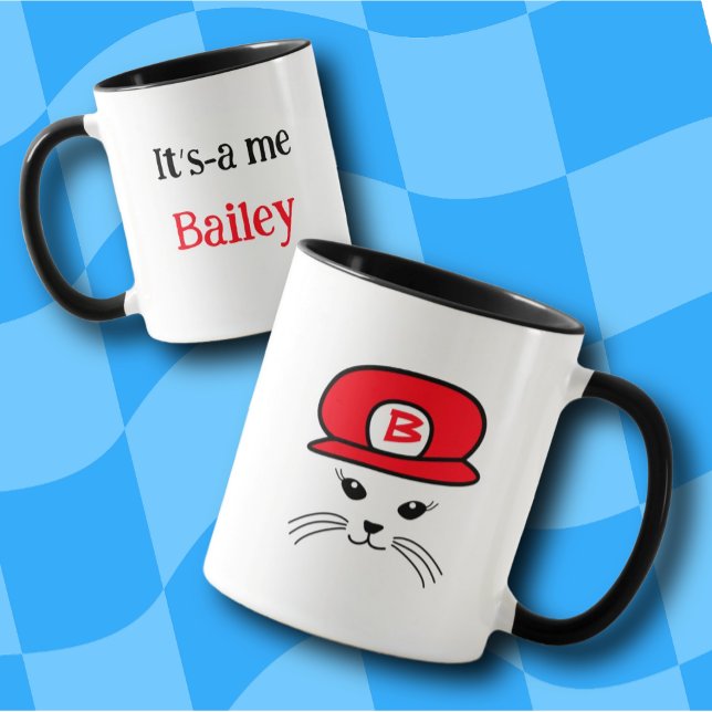 Caneca Boné Vermelho Personalizável Pequeno Gato de Gato (Criador carregado)