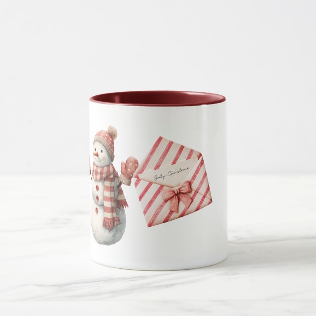 Caneca Boneco de Neve de Natal Alegre Listras Vermelhas (Centro)