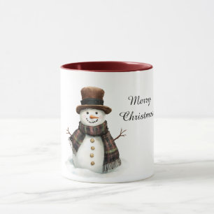 Caneca Boneco de Neve de Natal com Cachecol Xadrez