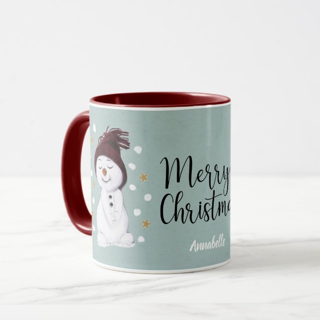 Caneca Boneco de Neve Feliz e Fofo de Natal Azul de Inver (Frente Esquerda)