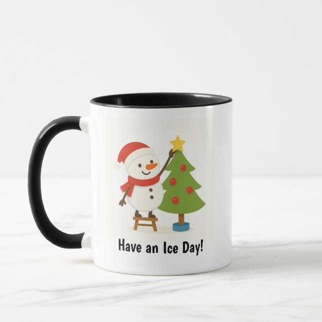 Caneca Boneco de Neve Fofo Decorando Árvore  (Esquerda)