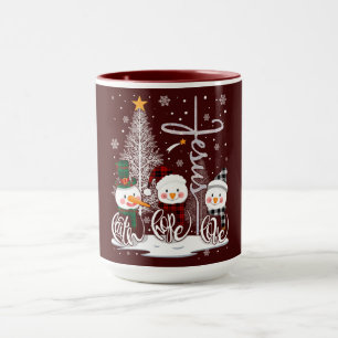 Caneca Bonecos de Neve e Árvore de Luz com o Nome de Jesu
