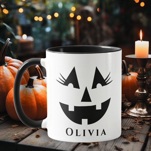 Caneca Bonita Garota Abóbora Cara de Abóbora Personalizad (Cute Girly Pumpkin Face Custom Halloween Mug - Just add your name!)