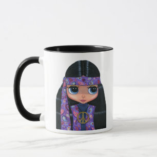 Caneca Bonita Paisley Hippie Doll Sinal de Paz Roxo