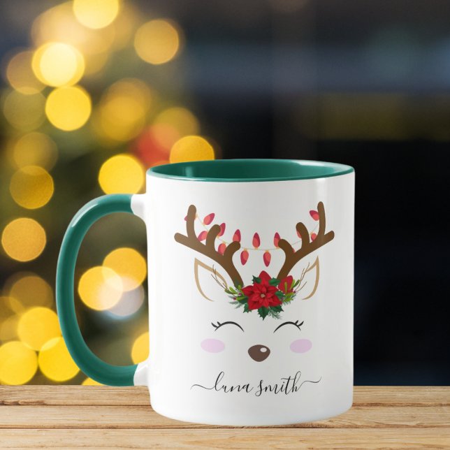 Caneca Bonita Reindeer Feliz Natal Gift Café Verde (Criador carregado)