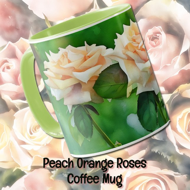 Caneca Bonita Rosa Laranja de Peach (Peacy orange roses in a garden and in a watercolor art style.)