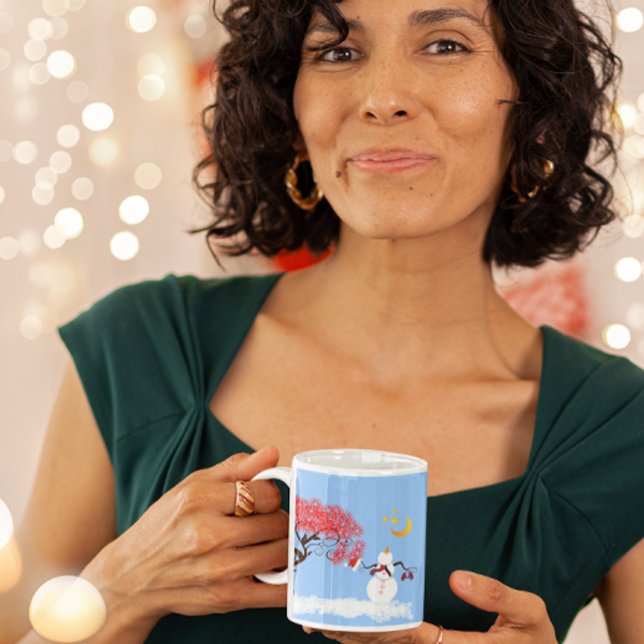 Caneca Bonito boneco de neve com árvore de cana e lua (Criador carregado)