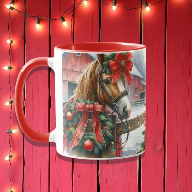 Caneca Bonito Cavalo Marrom no Natal Arco Vermelho (Criador carregado)
