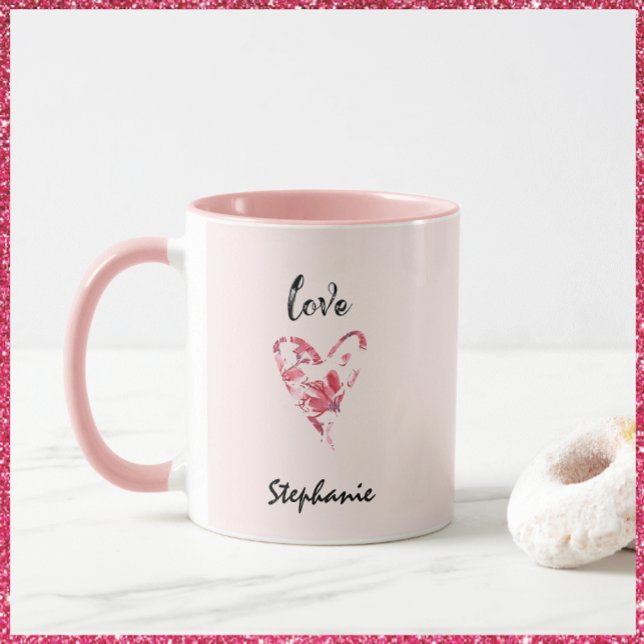 Caneca Bonito Coração Floral de Amor Rosa (Criador carregado)