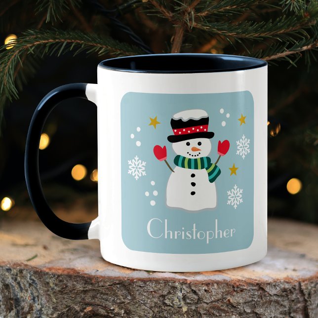 Caneca Bonito Natal Snowman Nome Editável Blue Mug (Criador carregado)
