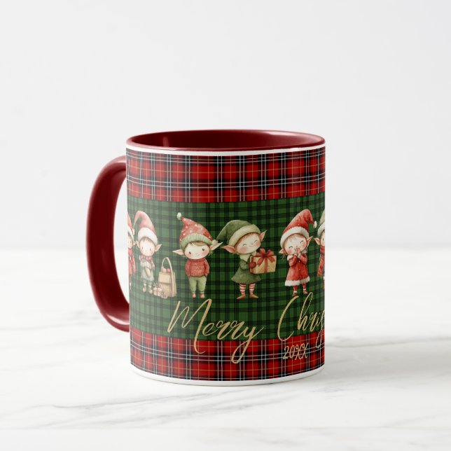 Caneca Bonito Ocupado Elves Feliz Natal Xadrezes Vermelho (Frente Esquerda)