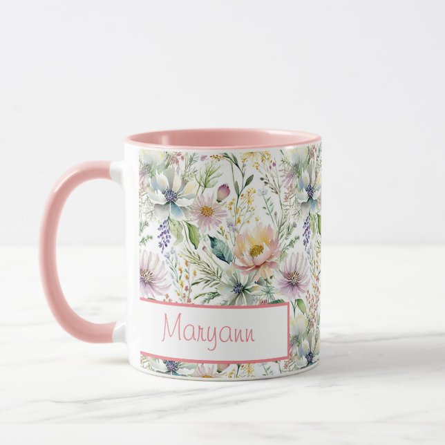 Caneca Bonito padrão floral pastel personalizado (Esquerda)