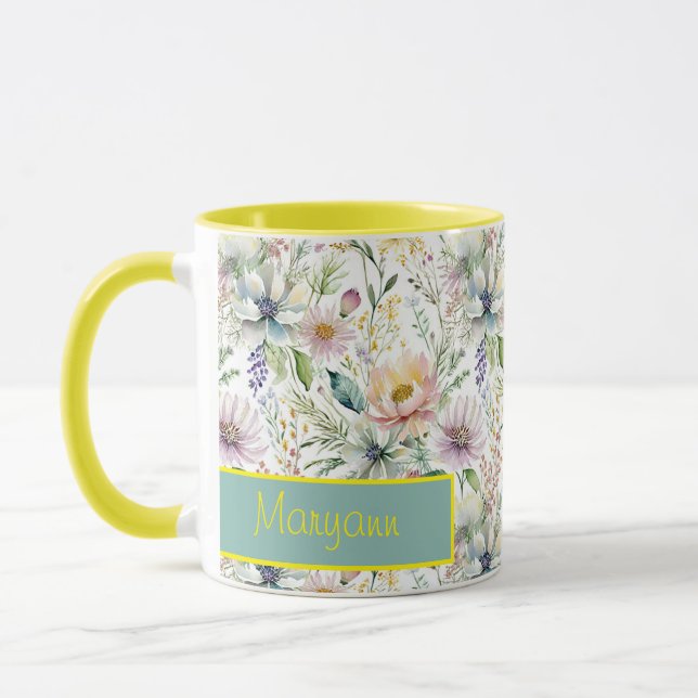 Caneca Bonito padrão floral pastel personalizado (Esquerda)