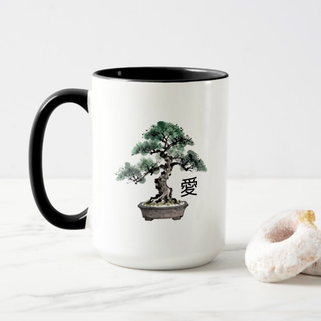 Caneca Bonsai Tree Sumi-e Style Japanese Love Calligraphy (Com Donut)