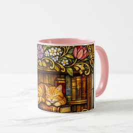 Caneca Book and Sleeping Cat Lovers Faux Stain Glass
