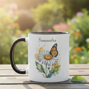 Caneca Borboleta Aquarela em Flor de Margarida Floral