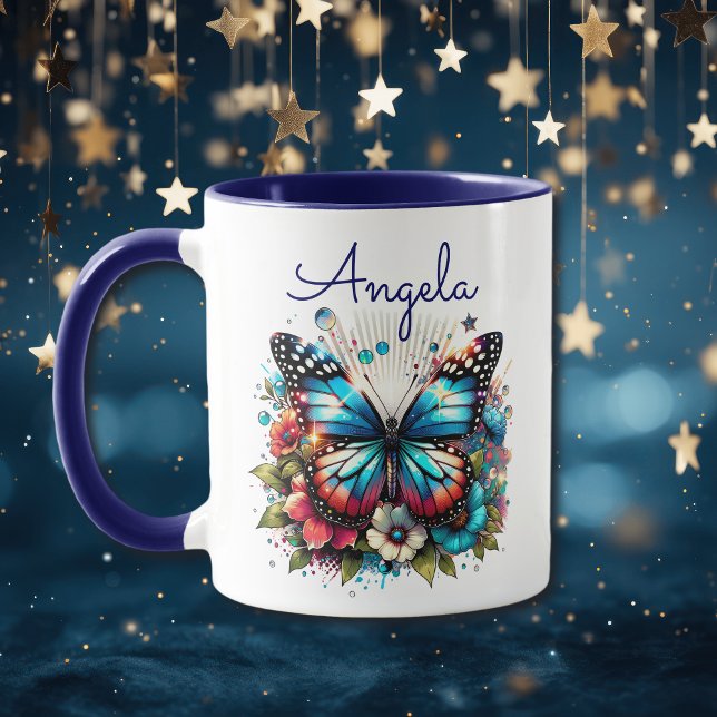 Caneca Borboleta Azul bonito e Flores Personalizadas (Criador carregado)