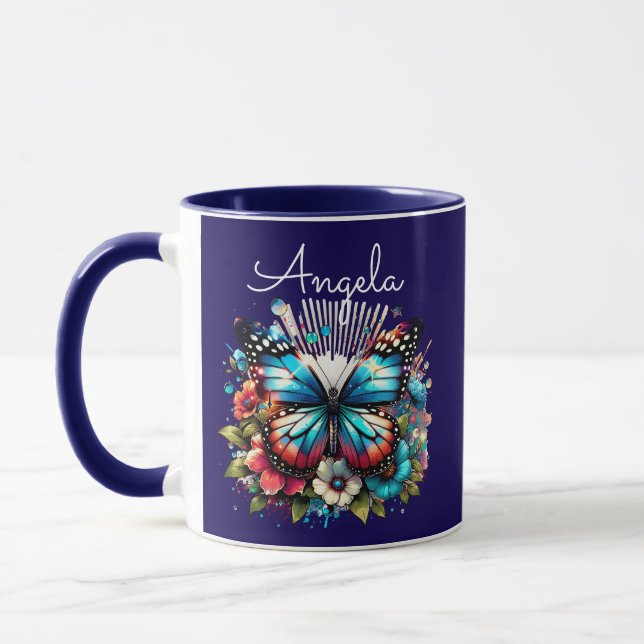 Caneca Borboleta Azul bonito e Flores Personalizadas (Esquerda)