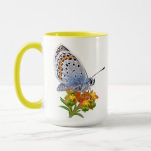 Caneca Borboleta Azul Comum em Flores Silvestres Colorida