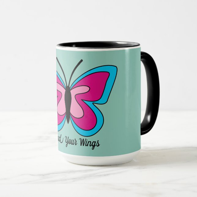 Caneca Borboleta Azul Magenta Rosa | Adicionar texto (Frente Esquerda)