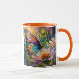 Caneca Borboleta Colorida e Flores Silvestres ao Nascer d