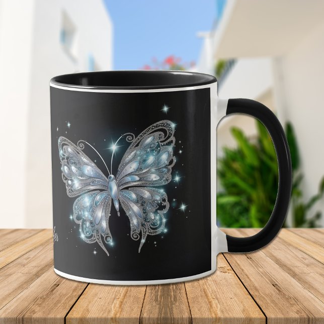 Caneca Borboleta da Fantasia Azul Silver em Preto (Criador carregado)