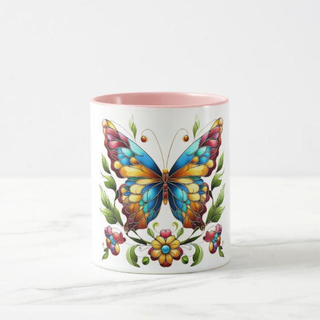Caneca Borboleta de vidro colorida com flores (Centro)